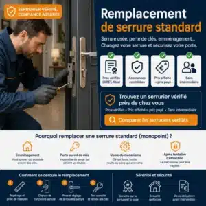 Serrurier vérifié remplaçant une serrure standard monopoint pour sécuriser une porte après perte de clés ou emménagement