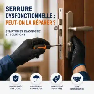 Serrurier réparant une serrure de porte avec un tournevis, pour diagnostiquer une serrure dysfonctionnelle sans remplacement inutile.